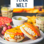 Tuna melts on a white plate with text title overlay