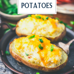 Twice baked potatoes on a plate with text title overlay
