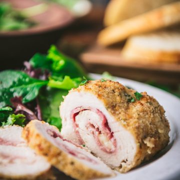 Close up side shot of easy chicken cordon bleu on a dinner table