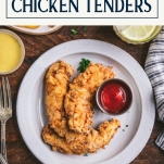 Plate of fried chicken tenders with text title box at top