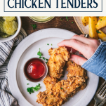 Hand eating fried chicken tenders with text title box at top