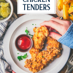 Hands eating crispy fried chicken tenders on a white plate with text title overlay