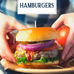 Hands holding grilled hamburger on a plate with text title overlay