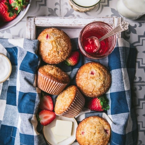 Overhead shot of a tray of strawberry muffins
