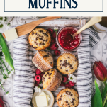 Overhead shot of a box of the best chocolate chip muffin recipe with text title box at top