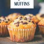 Close up side shot of a chocolate chip muffin with text title overlay