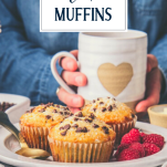 Side shot of a plate of chocolate chip muffins with text title overlay