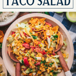 Overhead shot of doritos taco salad with text title box at top
