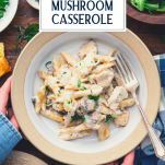 Overhead image of a bowl of chicken mushroom casserole with text title overlay