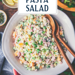 Hands holding a bowl of ham pasta salad with text title overlay