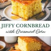 Long collage image of Jiffy cornbread with creamed corn and sour cream.