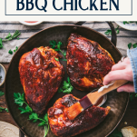 Basting chicken with bbq sauce and text title box at top