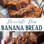 Long collage image of chocolate chip banana bread