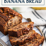 Close up shot of a plate of sliced chocolate chip banana bread with text title box at top