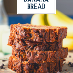 Stack of slices of chocolate chip banana bread on a plate with text title overlay