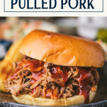 Close up side shot of bbq pulled pork sandwich with text title box at top