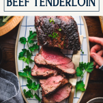 Overhead shot of hands holding a plate of grilled beef tenderloin with text title box at top