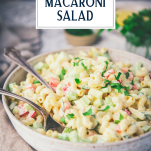 Close up side shot of the best macaroni salad recipe in a white bowl with text title overlay