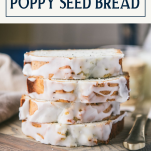 Stack of slices of poppy seed pound cake with text title box at top