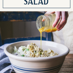 Pouring dressing over a ramen noodle salad with text title box at top