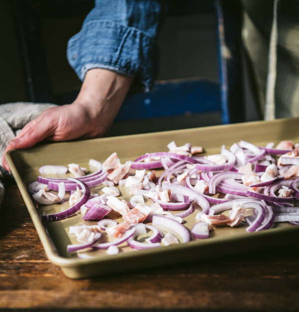Red onion and bacon on a tray