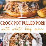Long collage image of slow cooker pulled pork with alabama white bbq sauce