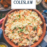 Overhead shot of a bowl of copycat KFC coleslaw recipe with text title overlay