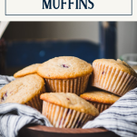 Side shot of a bowl of blackberry muffins with text title box at top