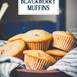 Side shot of a wooden bowl of blackberry muffins with text title overlay