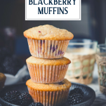 Stacked blackberry muffins with text title overlay