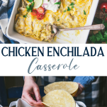 Long collage image of chicken enchilada casserole with sour cream and green chiles