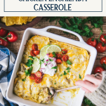 Hands serving sour cream chicken enchiladas casserole with text title box at top