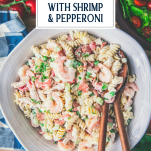 Close overhead image of a bowl of the best chicken pasta salad recipe with text title overlay