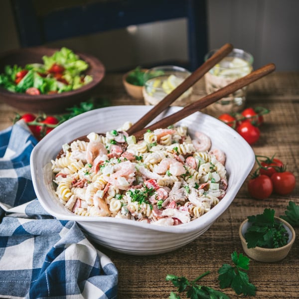 White bowl full of the best chicken pasta salad recipe