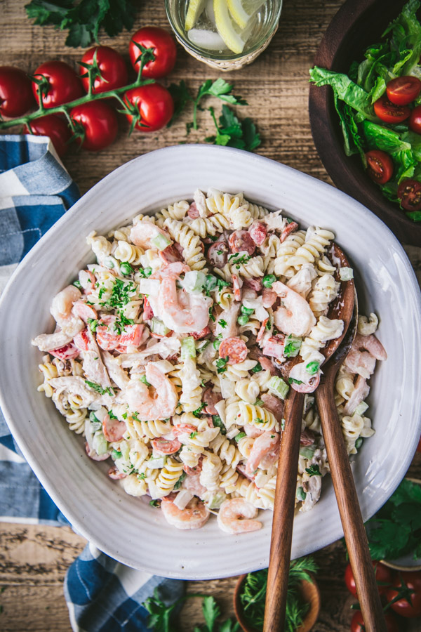 Close overhead image of a bowl of easy pasta salad with chicken and mayo