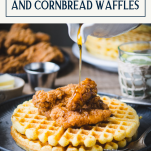 Pouring syrup on chicken and waffles with text title box at top