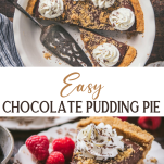 Long collage image of chocolate pudding pie