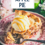 Bite of apple pie on a fork with text title overlay