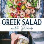 Long collage image of Greek Salad with Shrimp