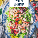 Hands holding a plate of Greek salad with shrimp and text title overlay