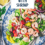 Close overhead image of a greek salad with shrimp and text title overlay
