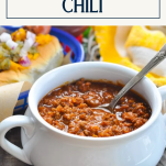 Bowl of chili for hot dogs with text title box at top
