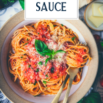 Close overhead image of a bowl of pasta pomodoro sauce with text title overlay