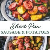 Long collage image of sheet pan sausage and potatoes.