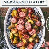 Sheet pan sausage and potatoes with text title box at top.