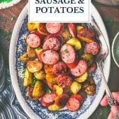Sheet pan sausage and potatoes with text title overlay.