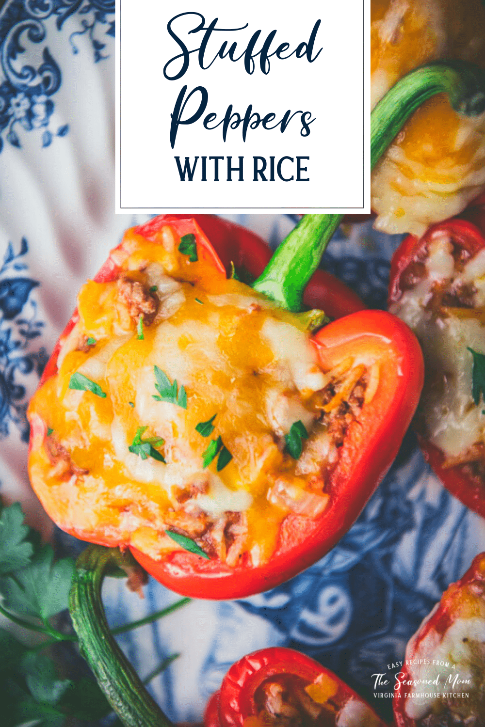 Close up shot of the best stuffed peppers recipe with text title overlay