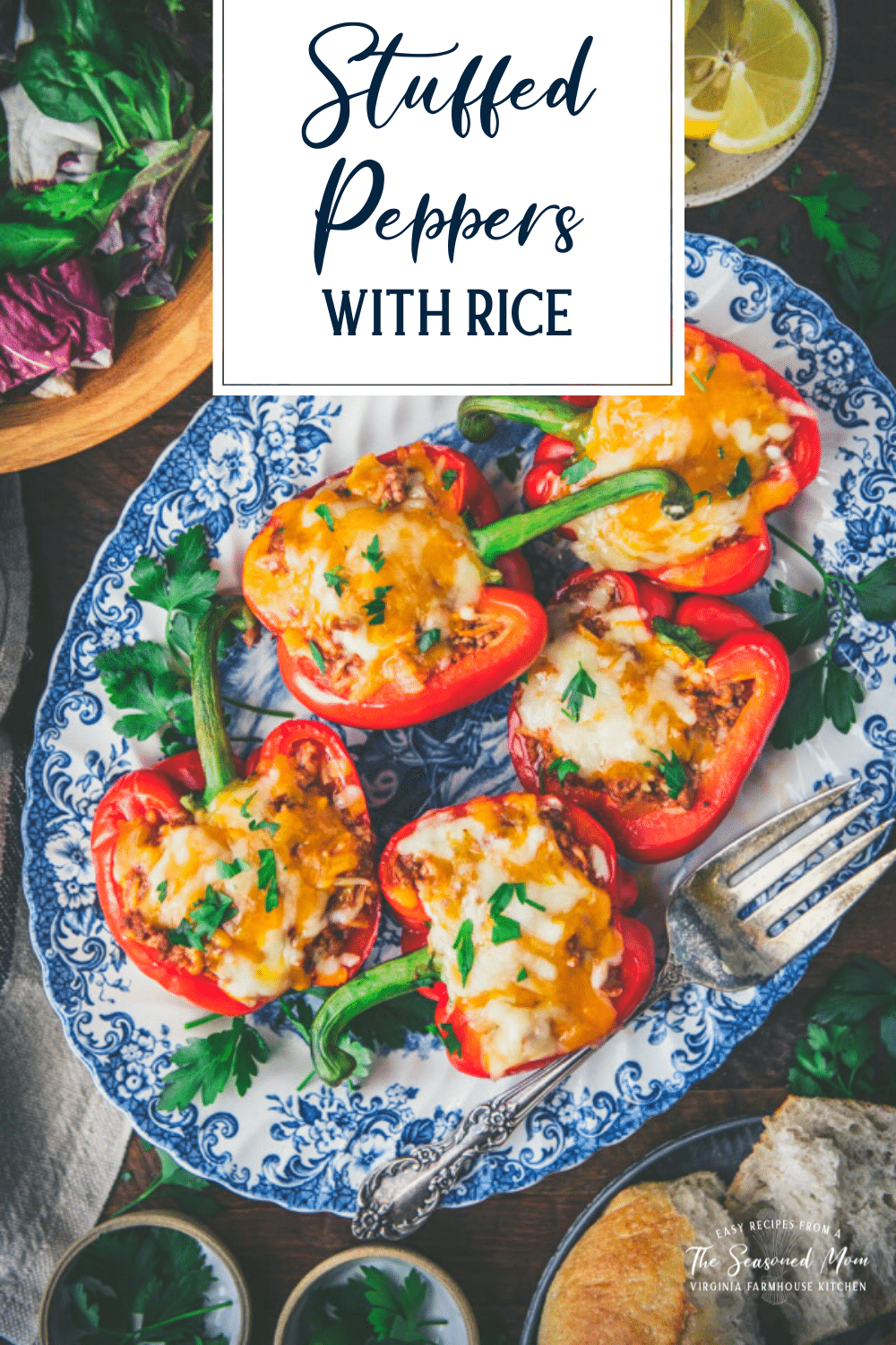 Overhead image of a plate of stuffed bell peppers with text title overlay