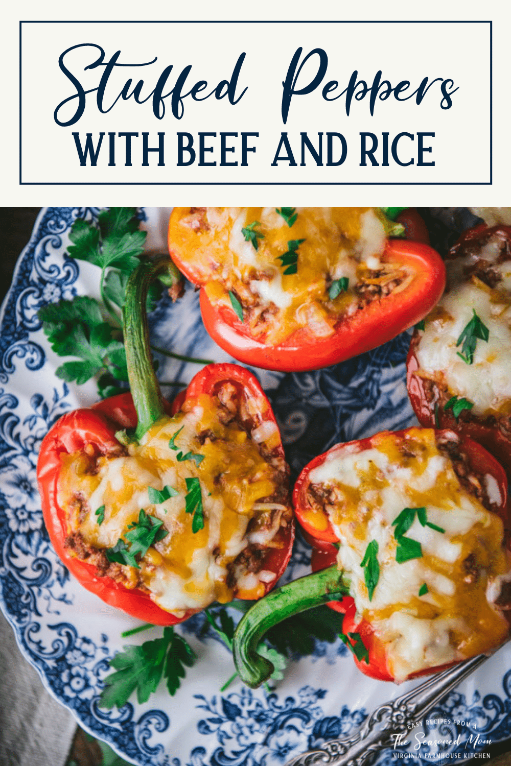 Overhead shot of a plate of stuffed peppers with rice and ground beef and text title box at top
