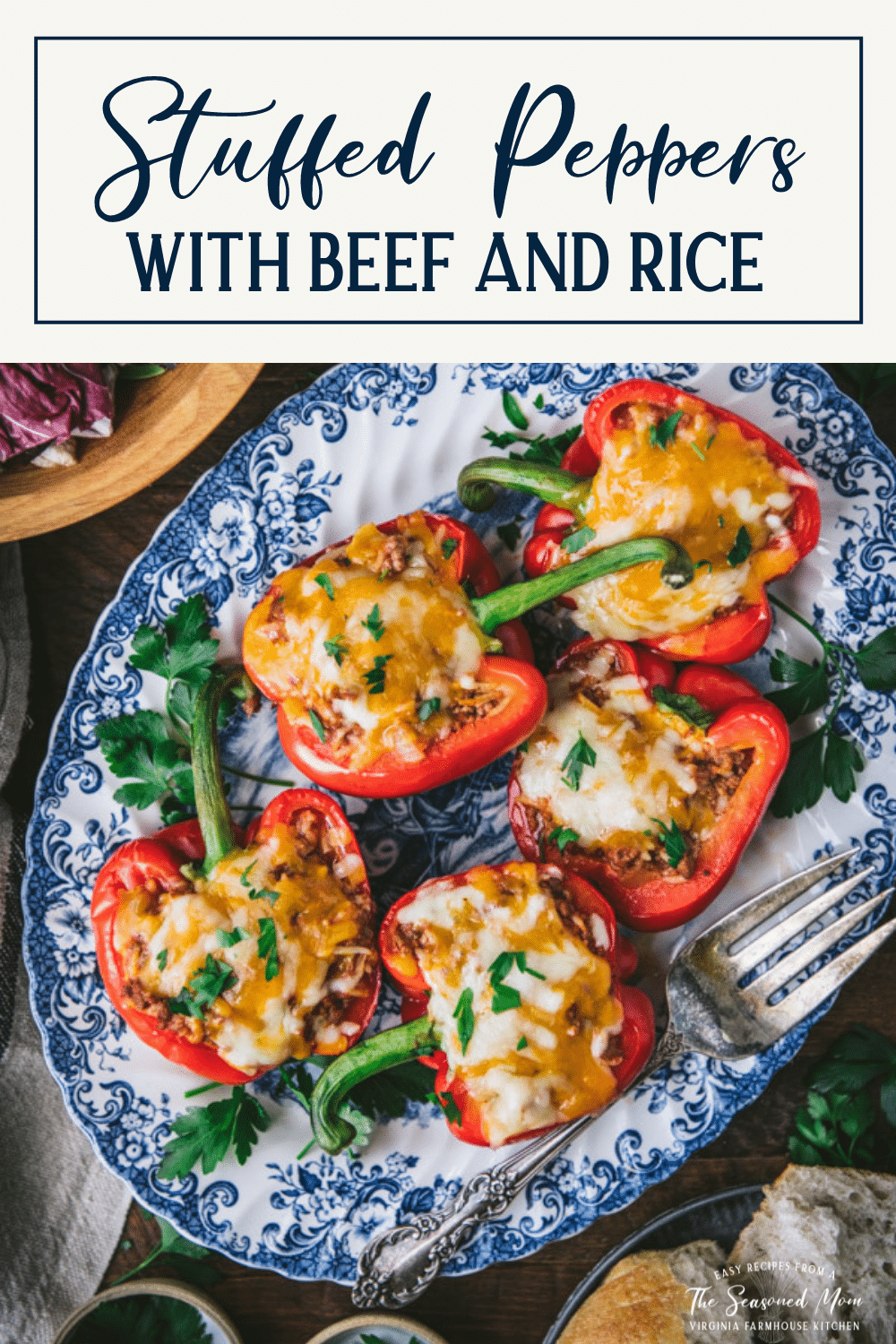 Serving platter full of the best stuffed peppers recipe with text title box at top